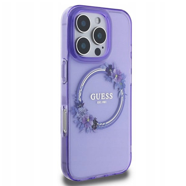 MagSafe cover til Apple iPhone 16 Pro, Guess, IML Flowers Wreath, Lilla