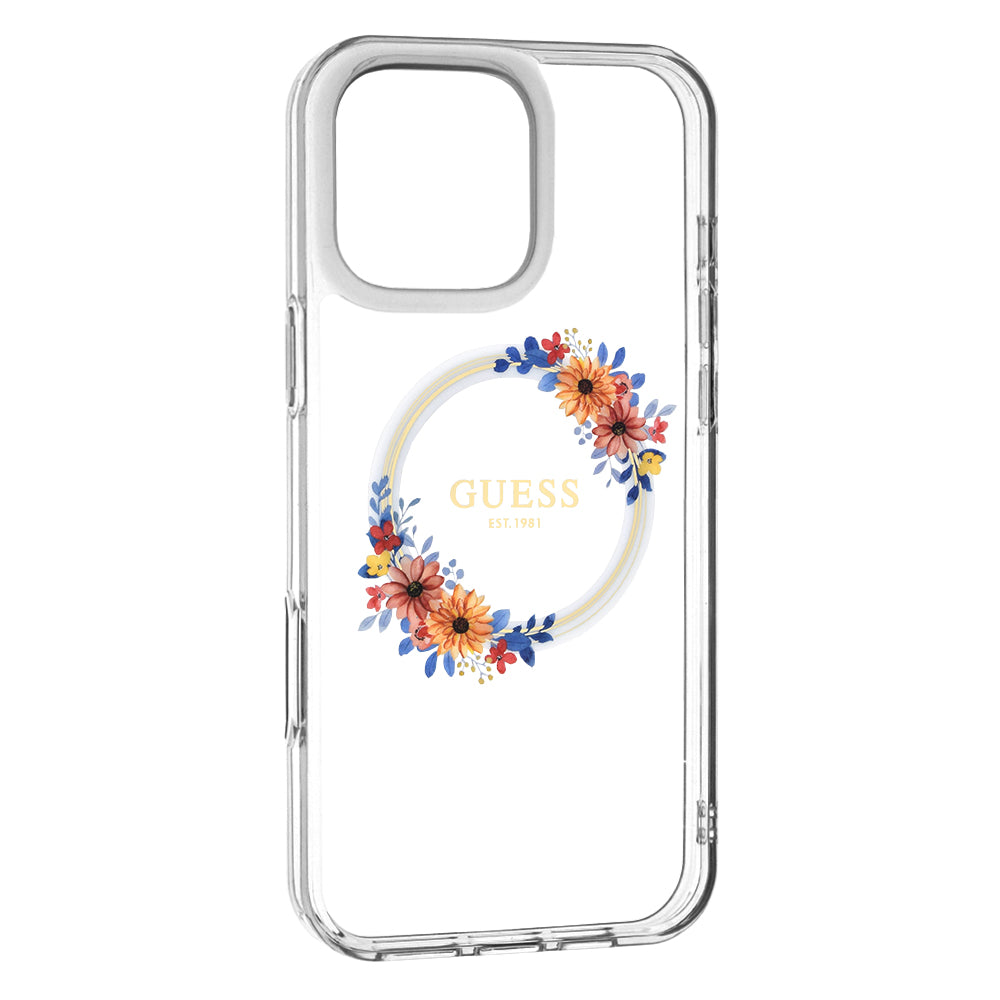 MagSafe cover til Apple iPhone 16 Pro, Guess, IML Flowers Wreath, Transparent