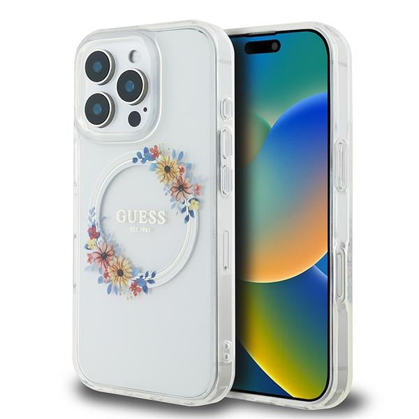 MagSafe cover til Apple iPhone 16 Pro, Guess, IML Flowers Wreath, Transparent