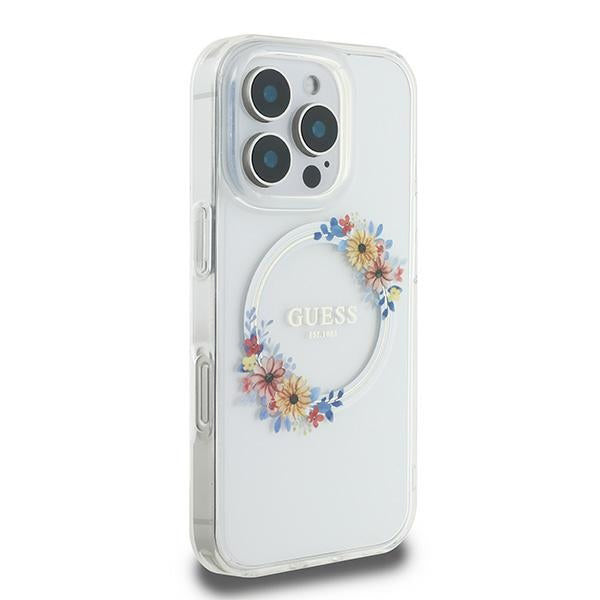 MagSafe cover til Apple iPhone 16 Pro, Guess, IML Flowers Wreath, Transparent