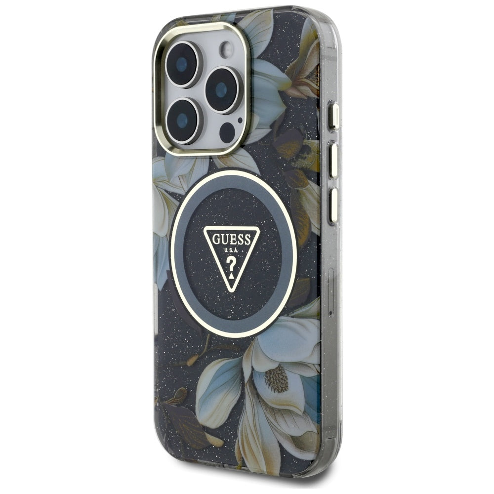 MagSafe cover til Apple iPhone 16 Pro, Guess, IML Metal Glitter Flowers Triangle, Sort