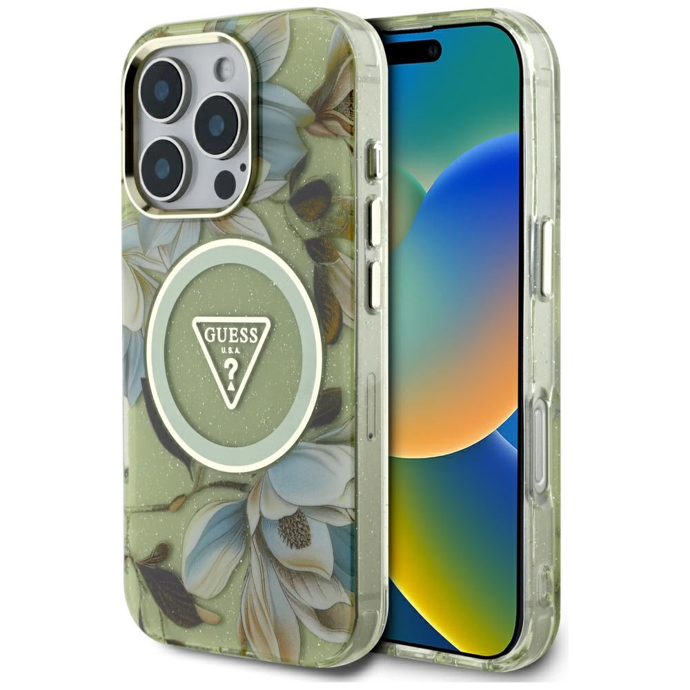 MagSafe cover til Apple iPhone 16 Pro, Guess, IML Metal Glitter Flowers Triangle, Grøn