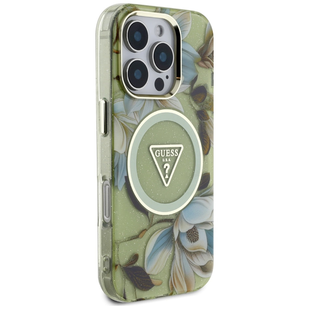 MagSafe cover til Apple iPhone 16 Pro, Guess, IML Metal Glitter Flowers Triangle, Grøn
