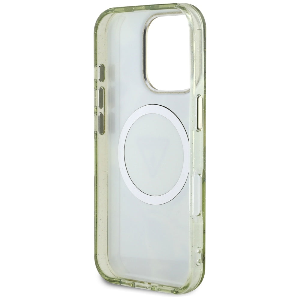 MagSafe cover til Apple iPhone 16 Pro, Guess, IML Metal Glitter Flowers Triangle, Grøn