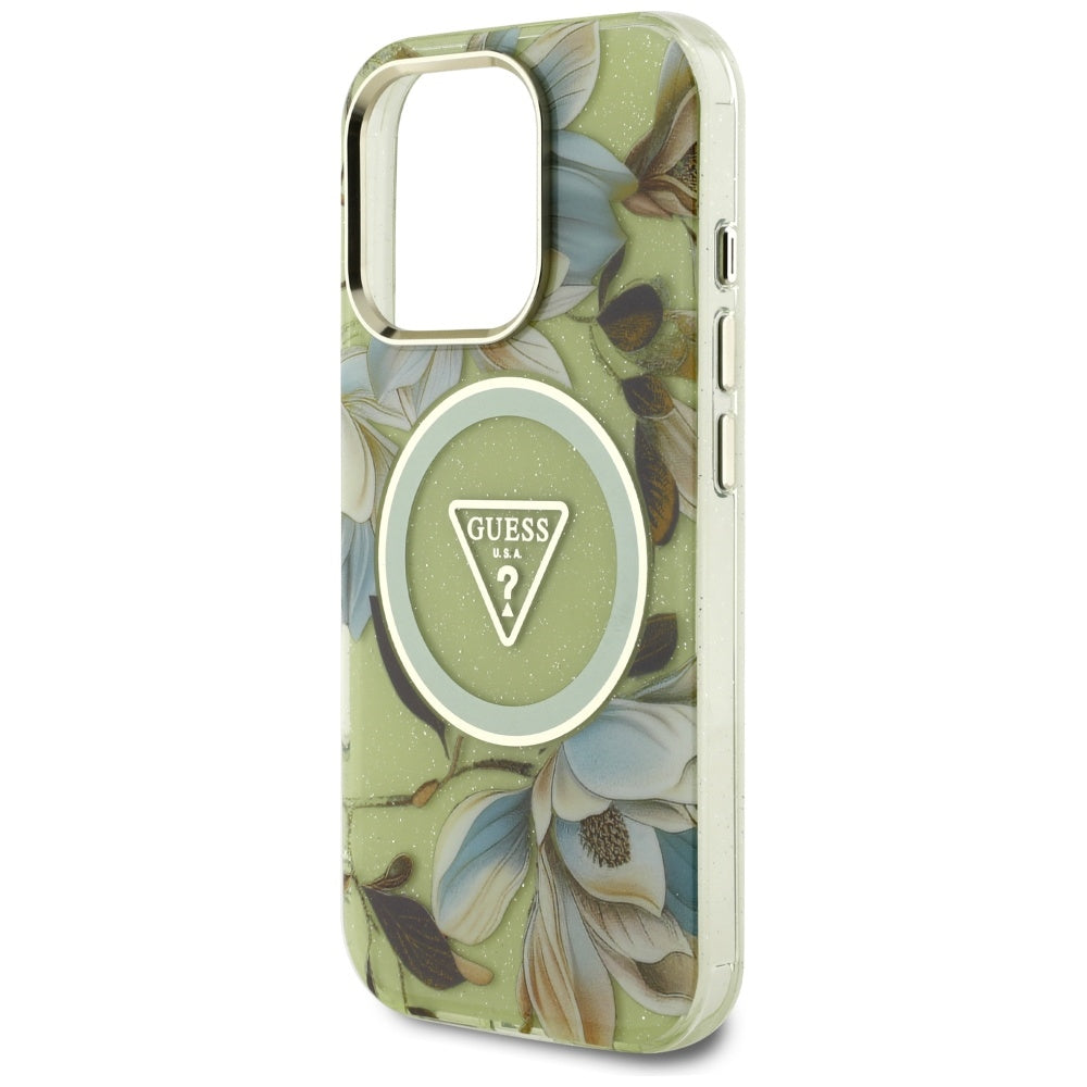 MagSafe cover til Apple iPhone 16 Pro, Guess, IML Metal Glitter Flowers Triangle, Grøn