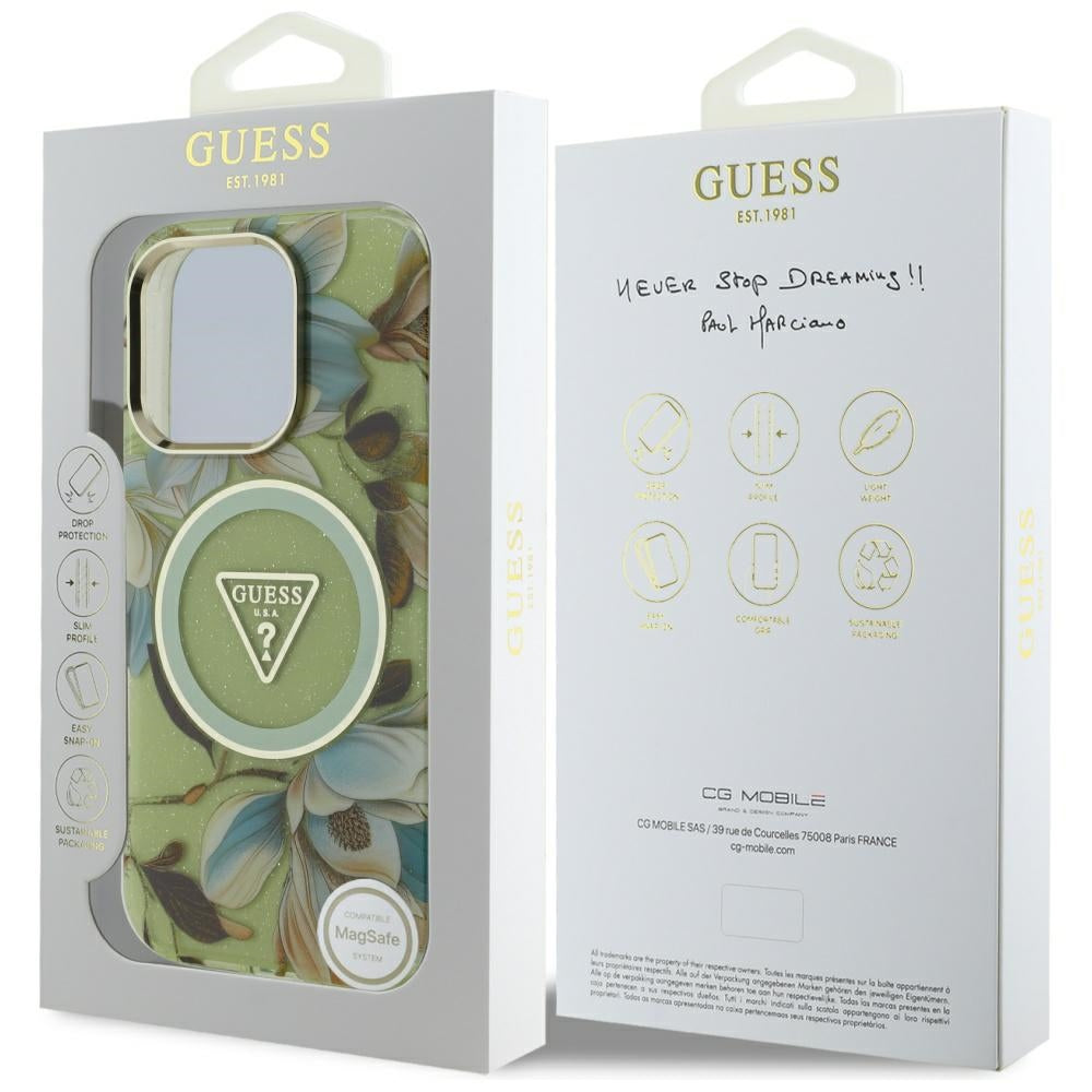MagSafe cover til Apple iPhone 16 Pro, Guess, IML Metal Glitter Flowers Triangle, Grøn