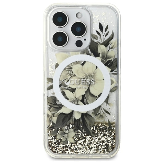 MagSafe cover til Apple iPhone 16 Pro, Guess, Liquid Glitter Flower, Beige