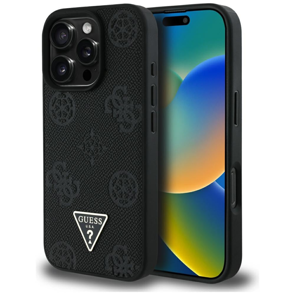 MagSafe cover til Apple iPhone 16 Pro, Guess, Peony Grained Hot Stamp Triangle, Sort