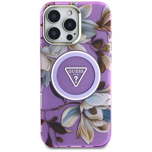 MagSafe cover til Apple iPhone 16 Pro Max, Guess, IML Metal Glitter Flowers Triangle, Lilla