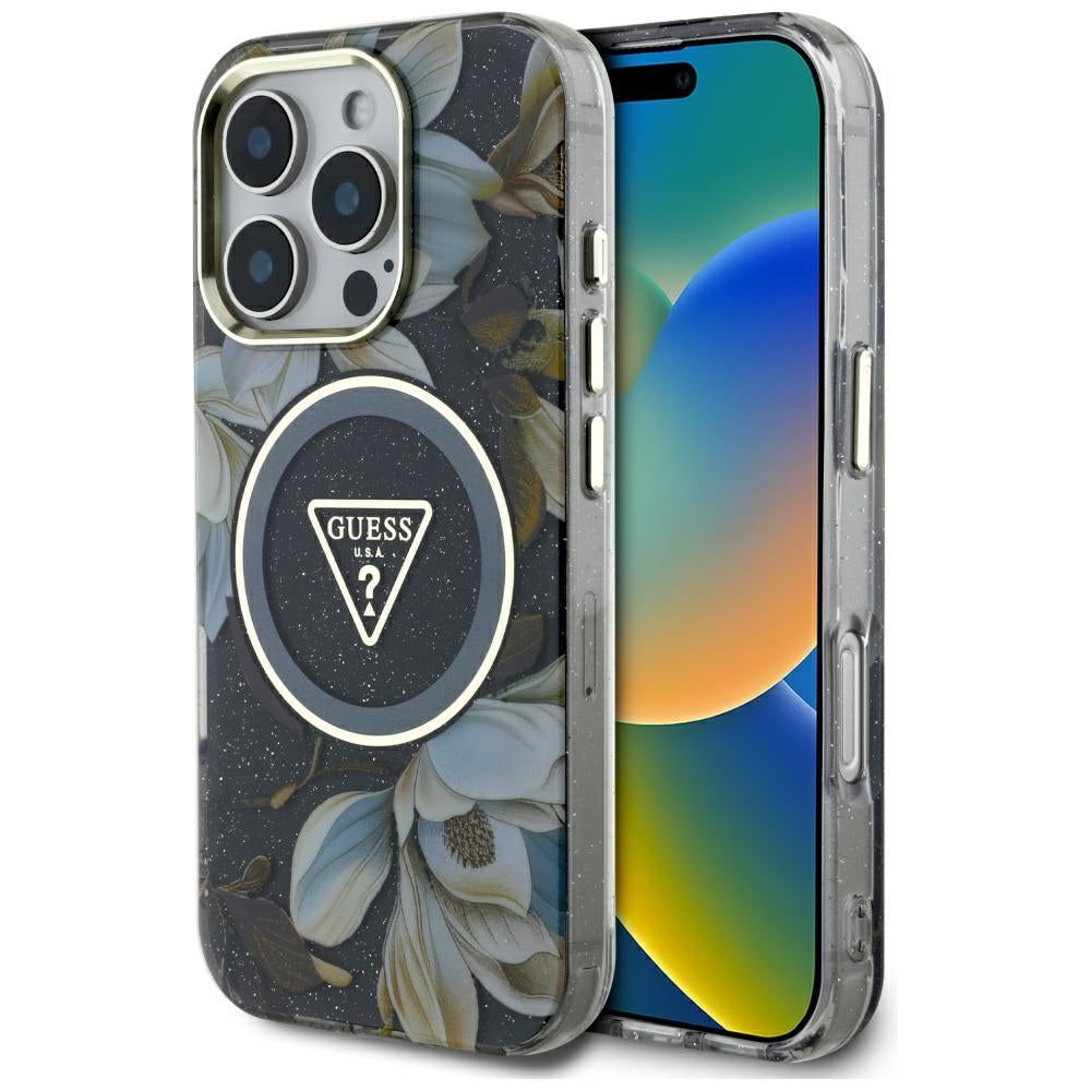 MagSafe cover til Apple iPhone 16 Pro Max, Guess, IML Metal Glitter Flowers Triangle, Sort