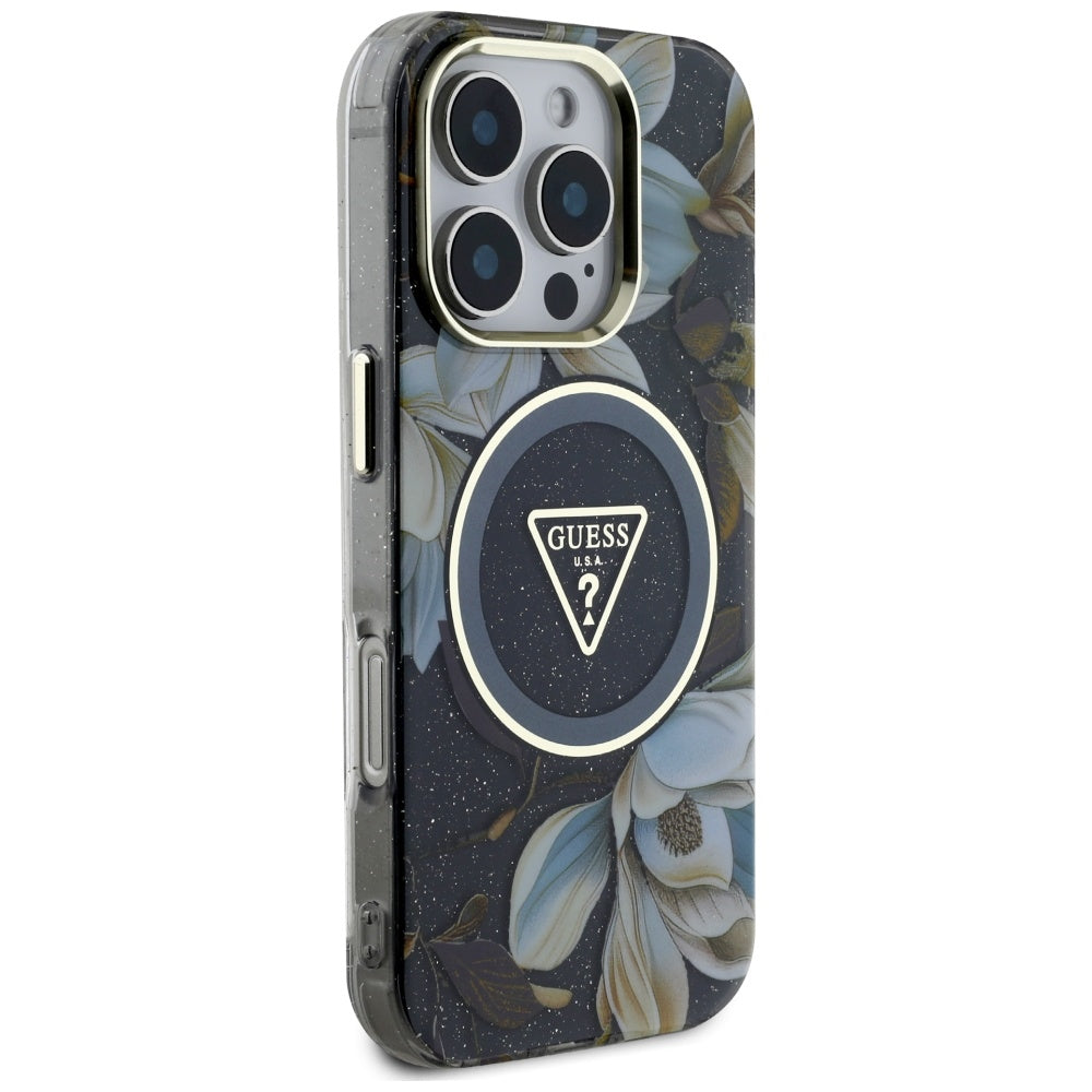 MagSafe cover til Apple iPhone 16 Pro Max, Guess, IML Metal Glitter Flowers Triangle, Sort