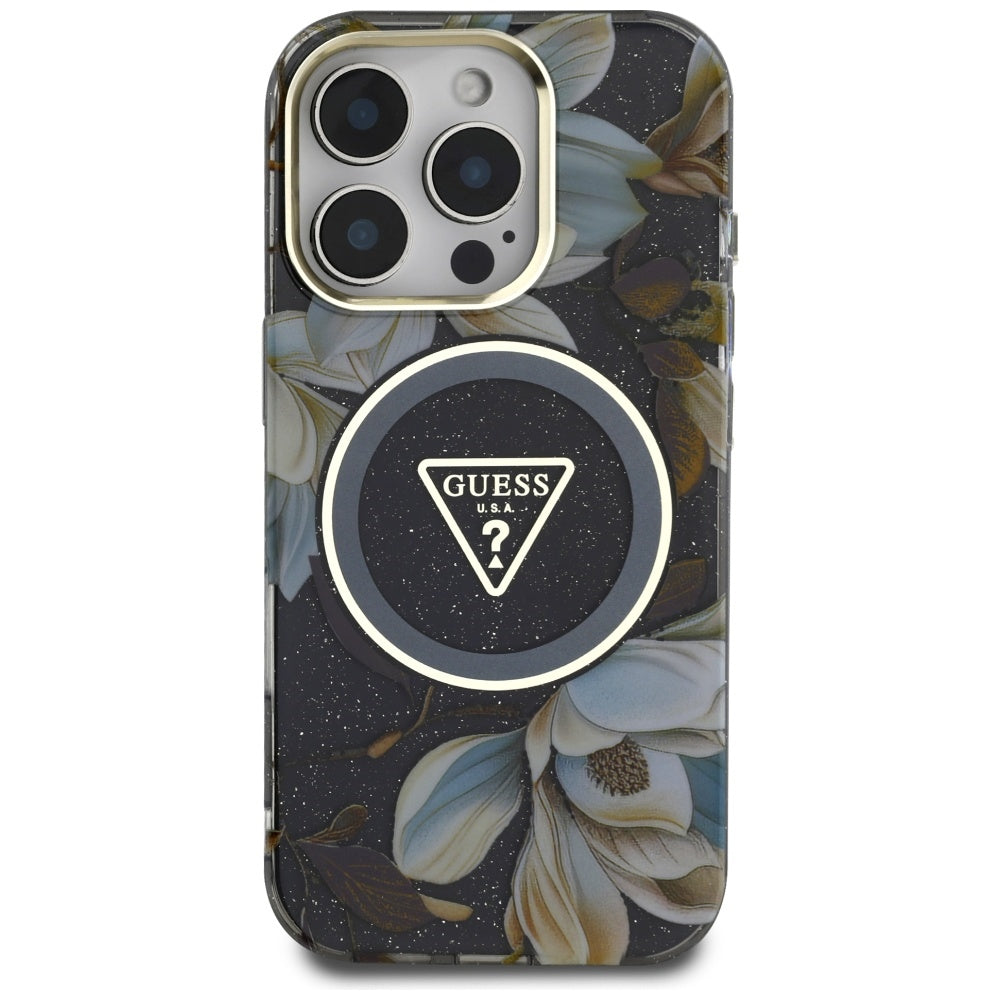 MagSafe cover til Apple iPhone 16 Pro Max, Guess, IML Metal Glitter Flowers Triangle, Sort