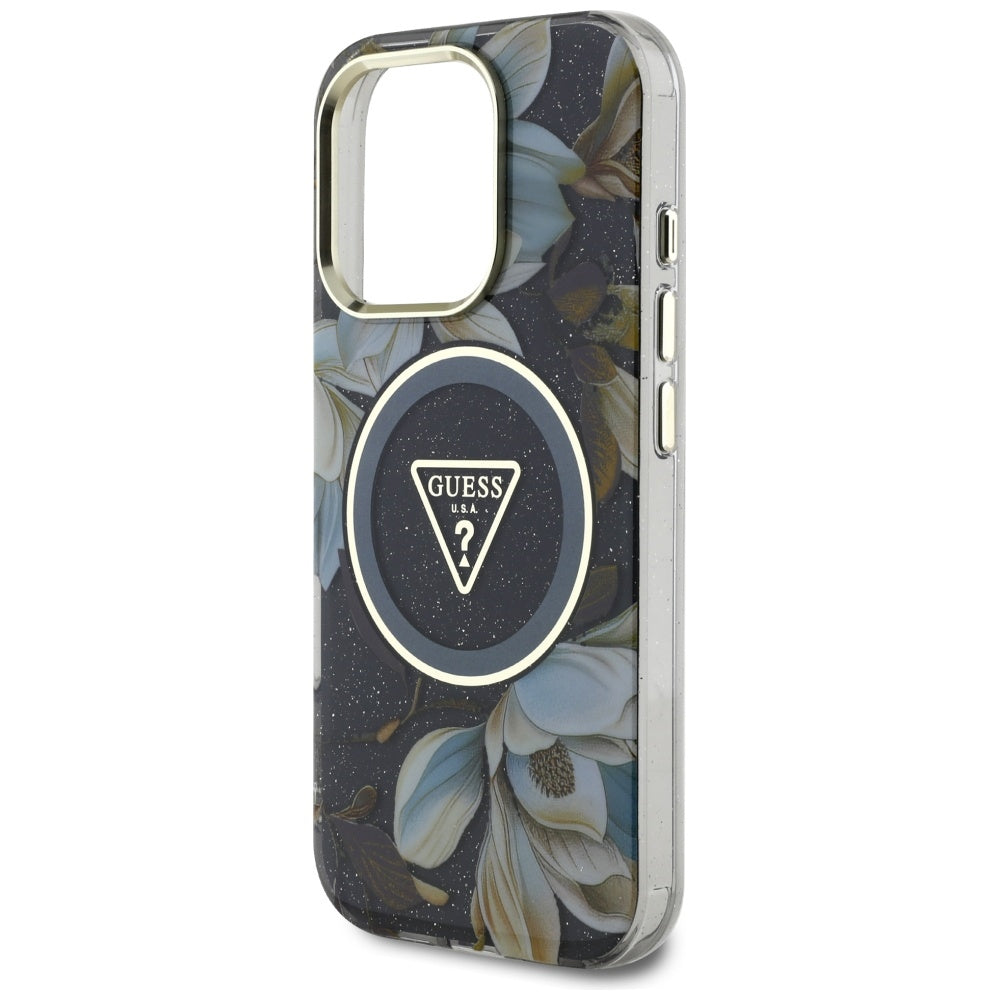 MagSafe cover til Apple iPhone 16 Pro Max, Guess, IML Metal Glitter Flowers Triangle, Sort