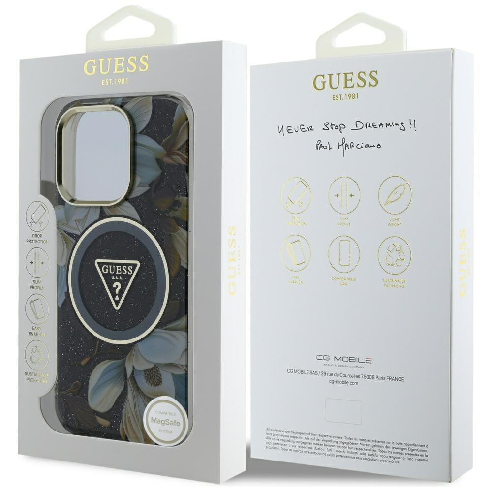 MagSafe cover til Apple iPhone 16 Pro Max, Guess, IML Metal Glitter Flowers Triangle, Sort