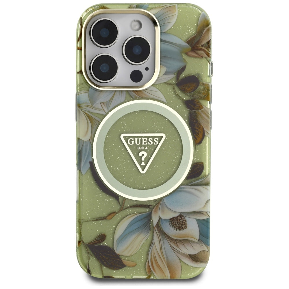 MagSafe Case for Apple iPhone 16 Pro Max, Guess, IML Metal Glitter Flowers Triangle, Green
