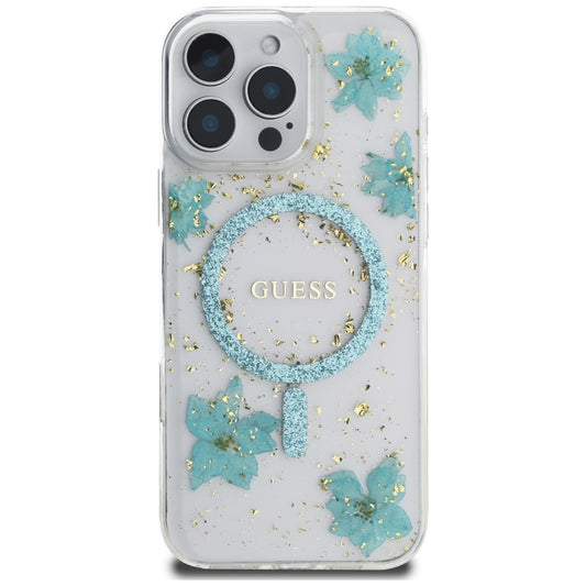 MagSafe cover til Apple iPhone 16 Pro Max, Guess, Resin Flowers and Glitter, Turkis