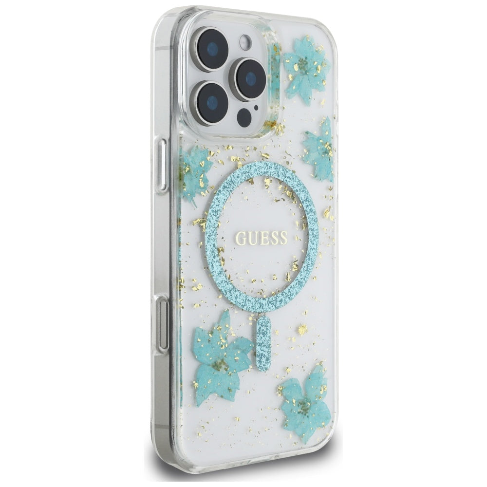 MagSafe cover til Apple iPhone 16 Pro Max, Guess, Resin Flowers and Glitter, Turkis