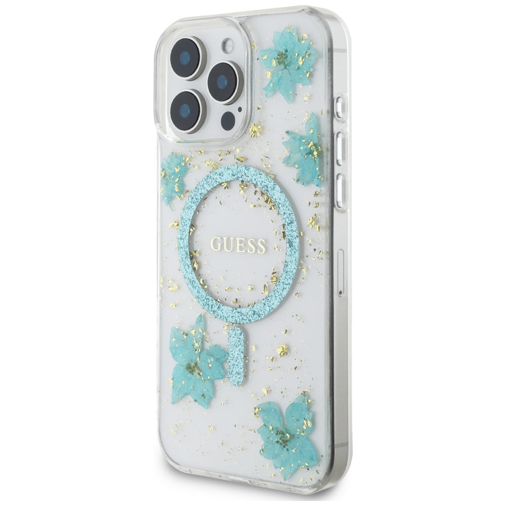MagSafe cover til Apple iPhone 16 Pro Max, Guess, Resin Flowers and Glitter, Turkis