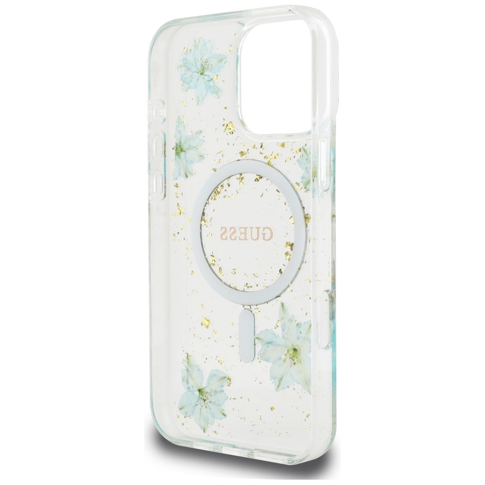 MagSafe cover til Apple iPhone 16 Pro Max, Guess, Resin Flowers and Glitter, Turkis