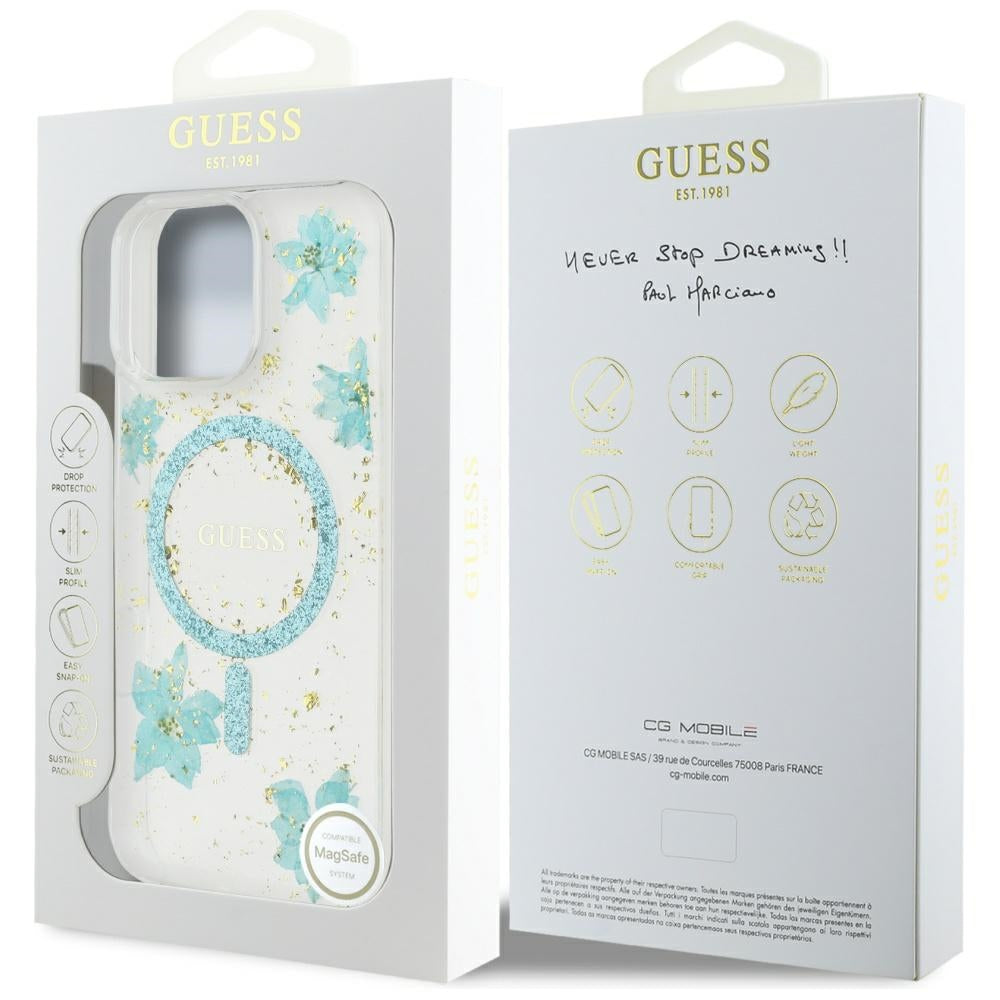 MagSafe cover til Apple iPhone 16 Pro Max, Guess, Resin Flowers and Glitter, Turkis