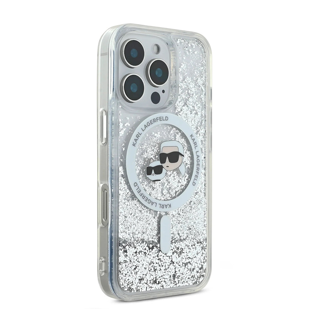 MagSafe Case for Apple iPhone 16 Pro Max, Karl Lagerfeld, Liquid Glitter Karl & Choupette's Heads, Transparent