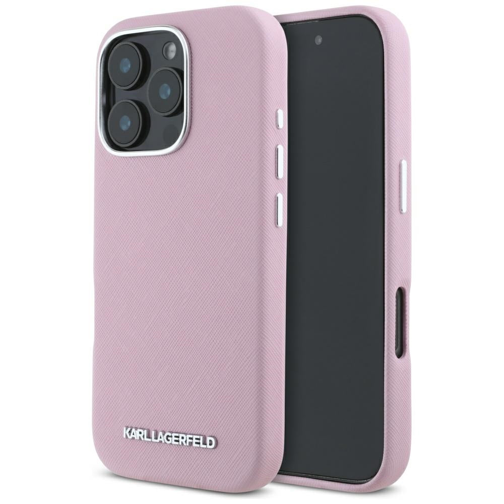 MagSafe Case for Apple iPhone 16 Pro Max, Karl Lagerfeld, Saffiano Full Wrapped Elongated Metal Logo, Pink