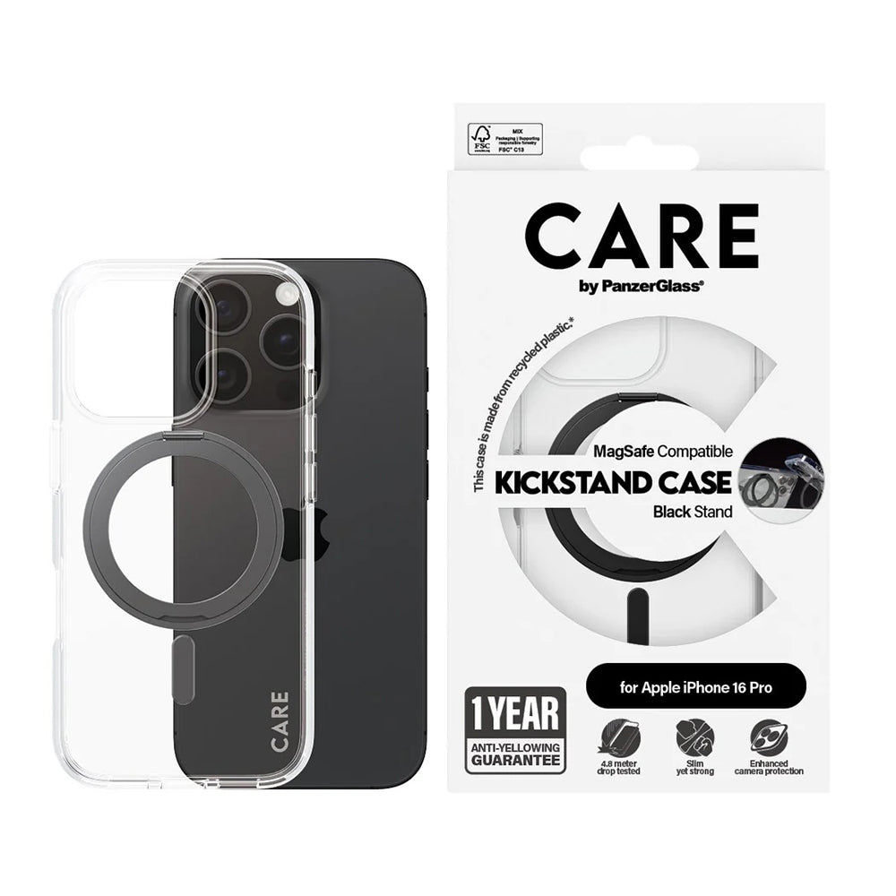 MagSafe cover til Apple iPhone 16 Pro, PanzerGlass, Care Feature Kickstand, Sort Transparent