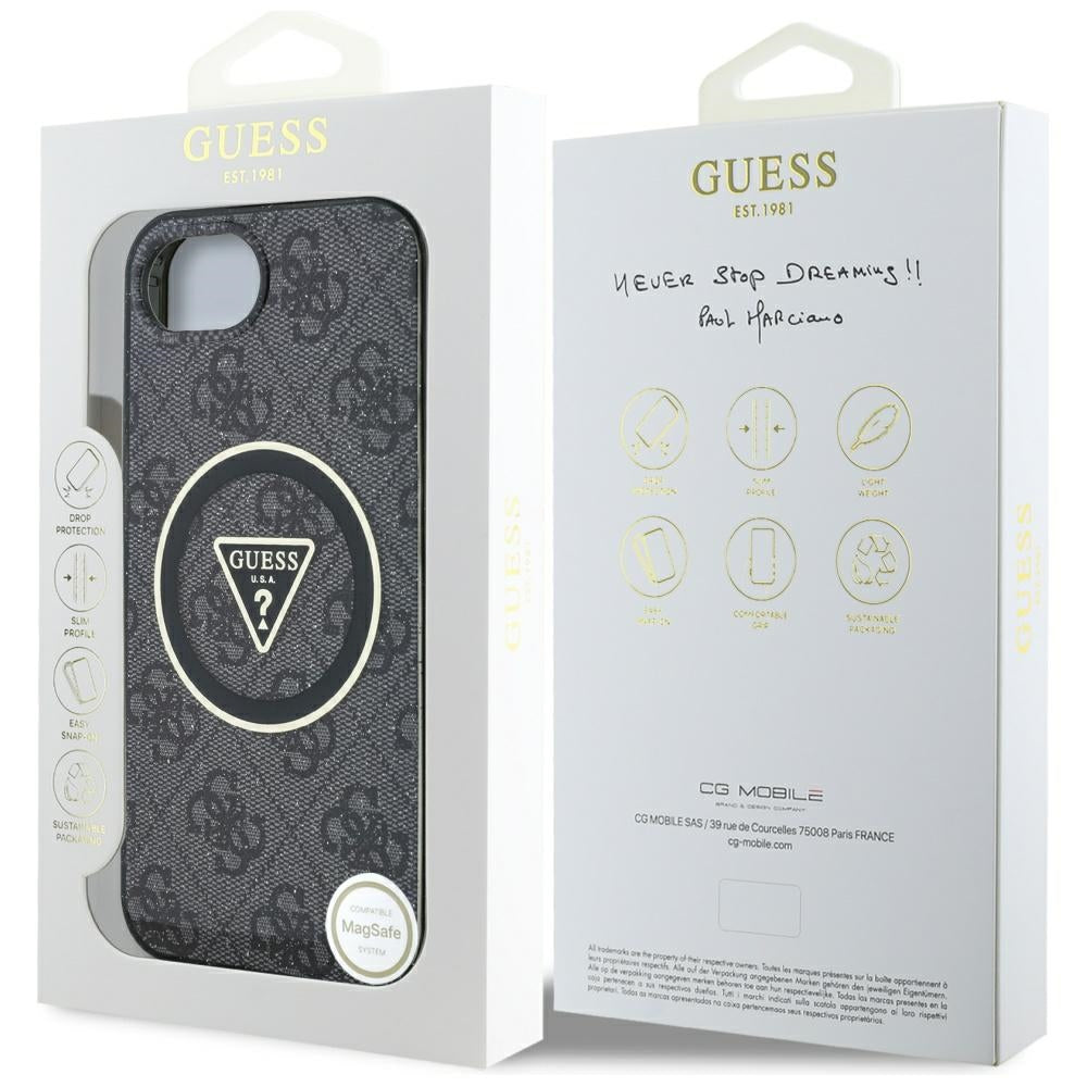 MagSafe Case for Apple iPhone 17e / 16e, Guess, IML Glitter 4G Circle Triangle, Black