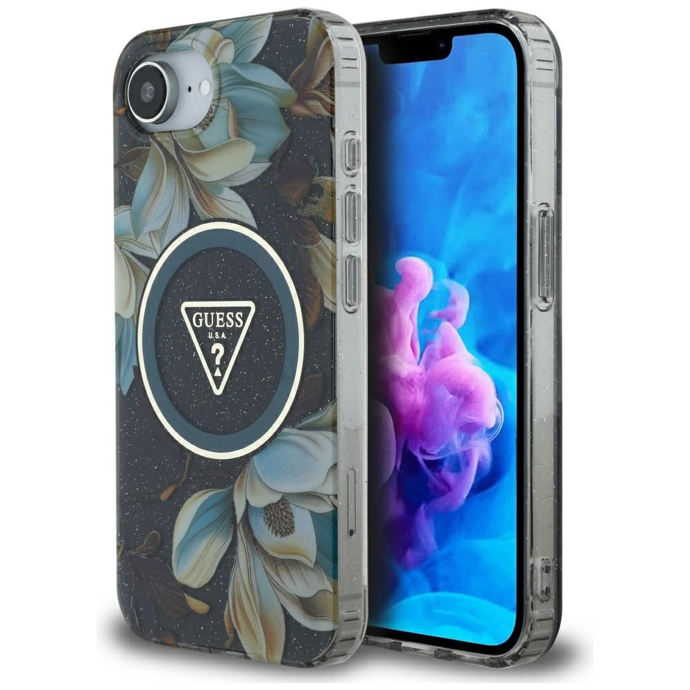 MagSafe cover til Apple iPhone 17e / 16e, Guess, IML Metal Glitter Flowers Triangle, Sort
