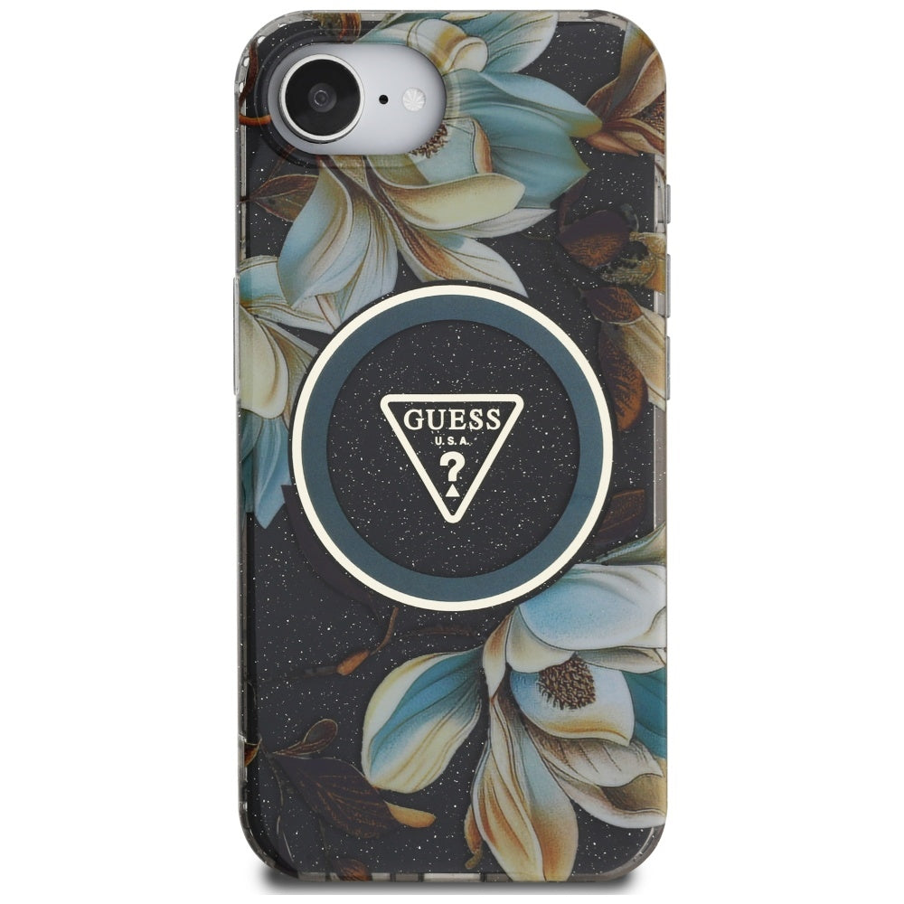 MagSafe cover til Apple iPhone 17e / 16e, Guess, IML Metal Glitter Flowers Triangle, Sort