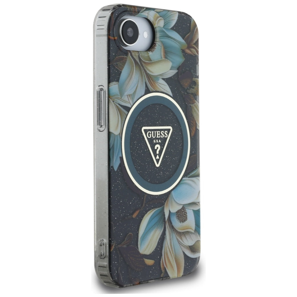 MagSafe cover til Apple iPhone 17e / 16e, Guess, IML Metal Glitter Flowers Triangle, Sort