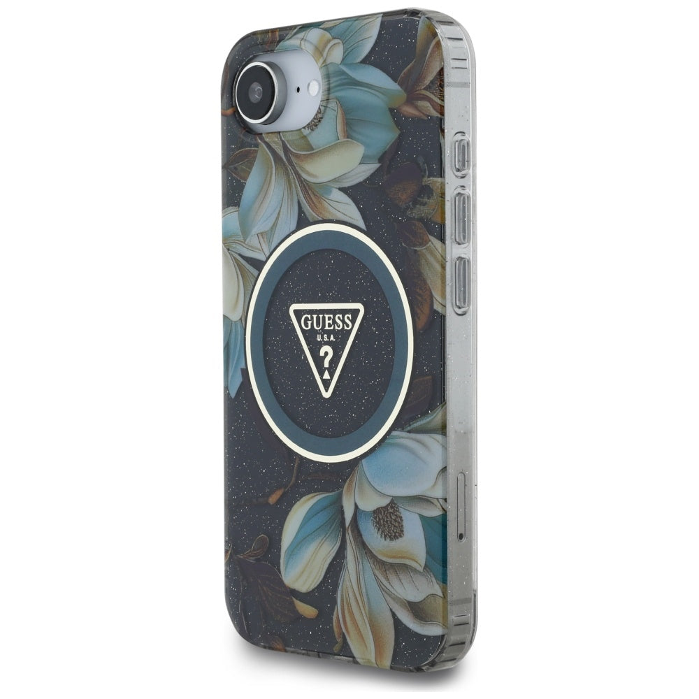 MagSafe cover til Apple iPhone 17e / 16e, Guess, IML Metal Glitter Flowers Triangle, Sort