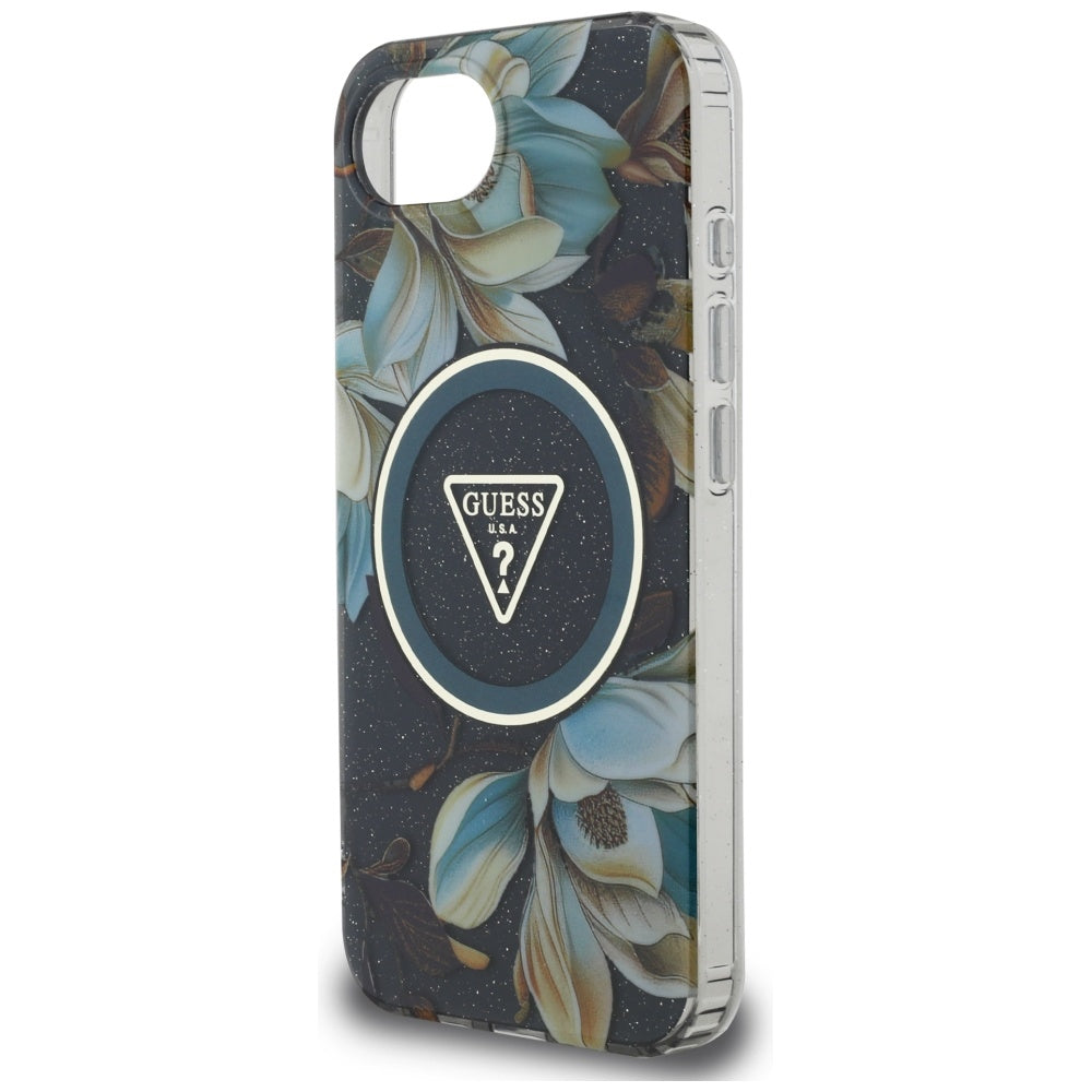 MagSafe cover til Apple iPhone 17e / 16e, Guess, IML Metal Glitter Flowers Triangle, Sort
