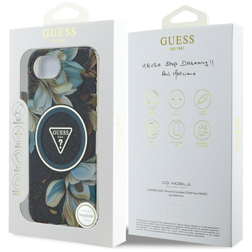 MagSafe cover til Apple iPhone 17e / 16e, Guess, IML Metal Glitter Flowers Triangle, Sort