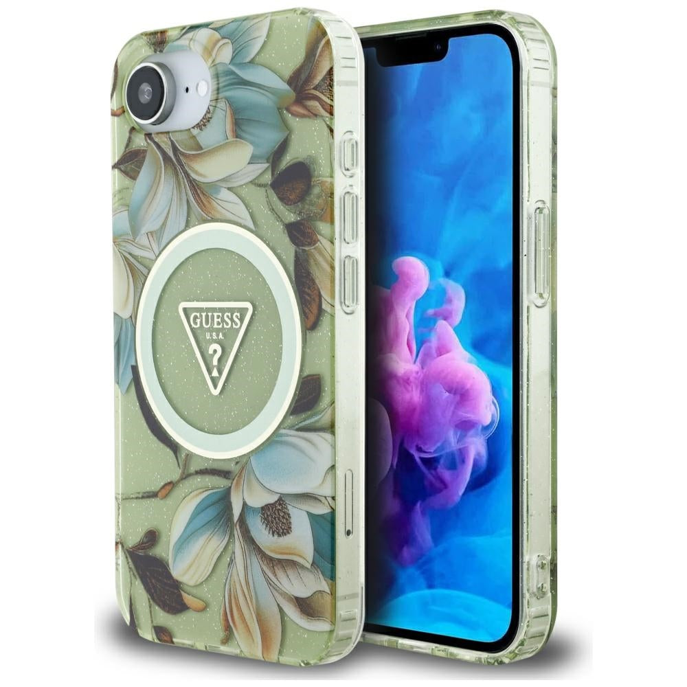 MagSafe cover til Apple iPhone 17e / 16e, Guess, IML Metal Glitter Flowers Triangle, Grøn