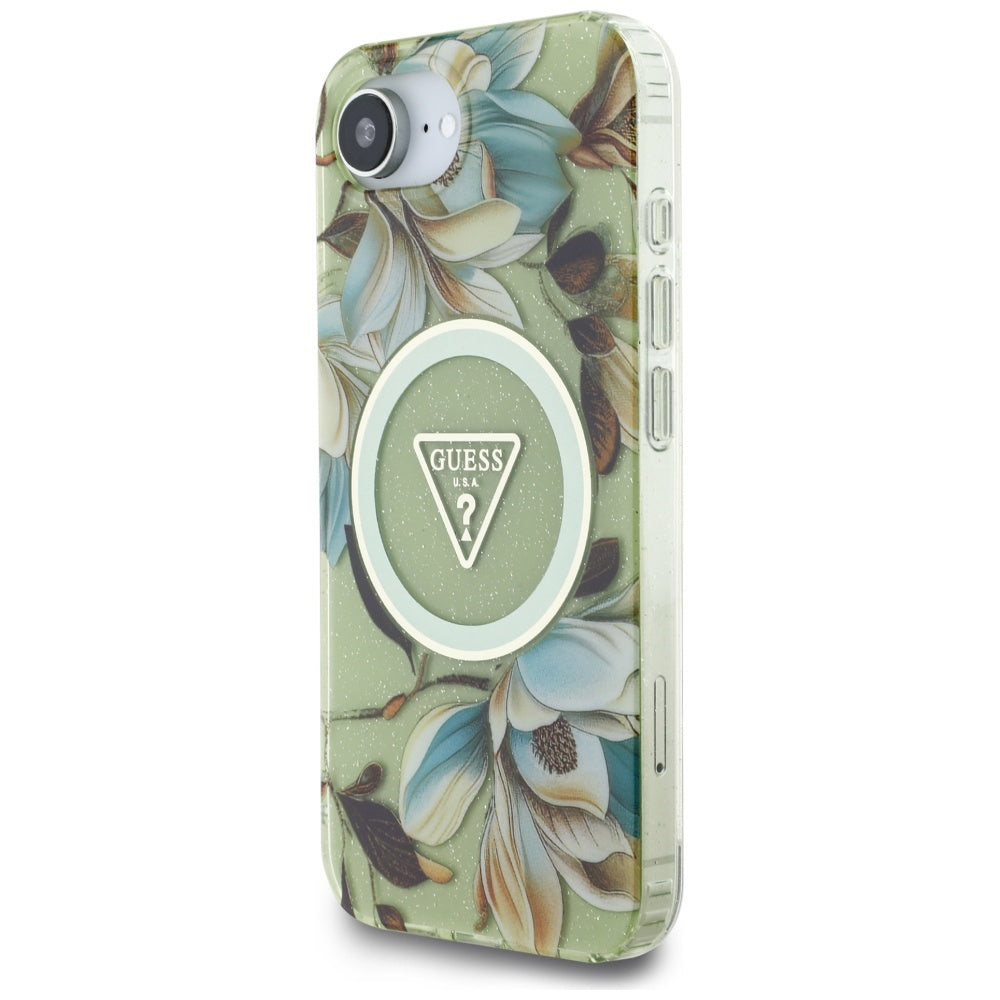 MagSafe cover til Apple iPhone 17e / 16e, Guess, IML Metal Glitter Flowers Triangle, Grøn