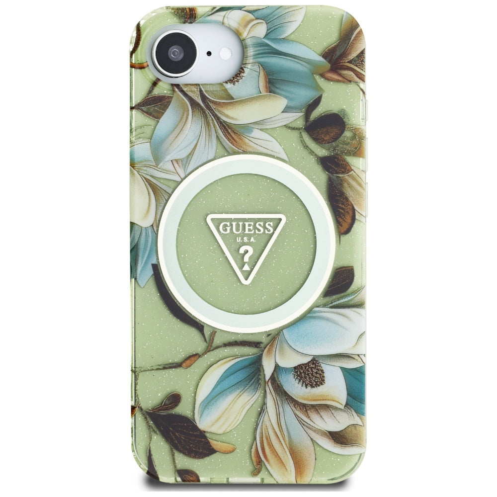 MagSafe cover til Apple iPhone 17e / 16e, Guess, IML Metal Glitter Flowers Triangle, Grøn