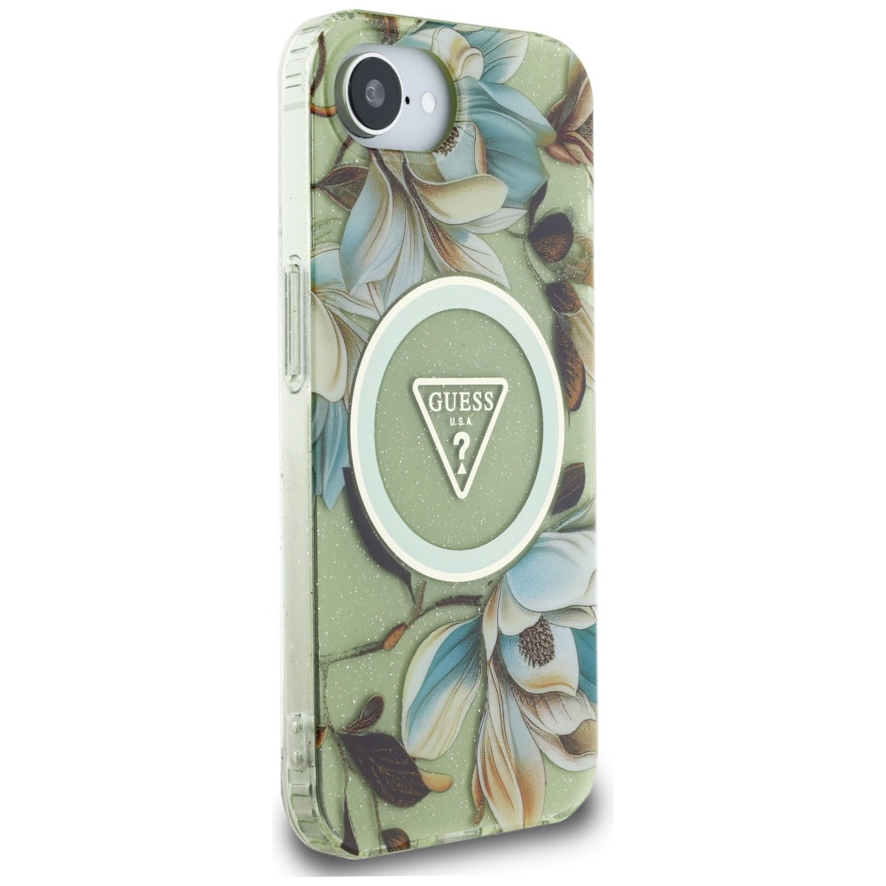 MagSafe cover til Apple iPhone 17e / 16e, Guess, IML Metal Glitter Flowers Triangle, Grøn