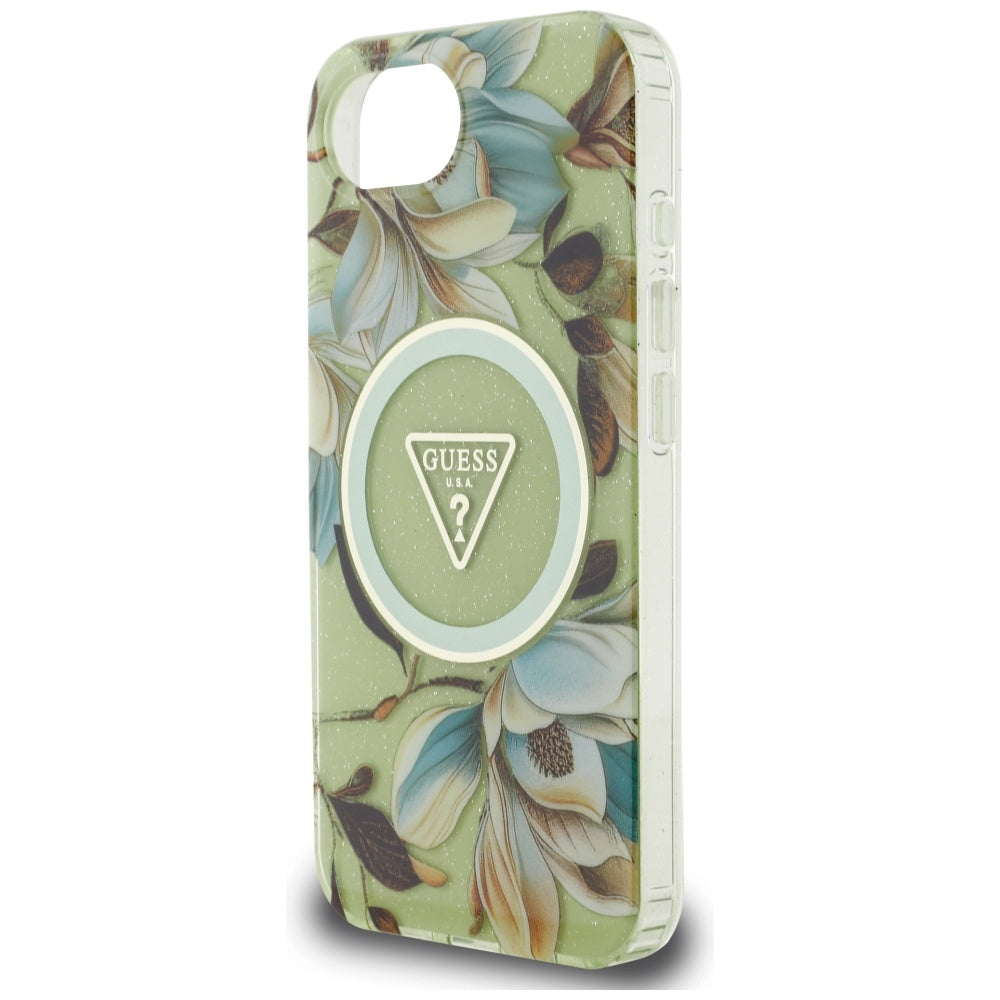 MagSafe cover til Apple iPhone 17e / 16e, Guess, IML Metal Glitter Flowers Triangle, Grøn