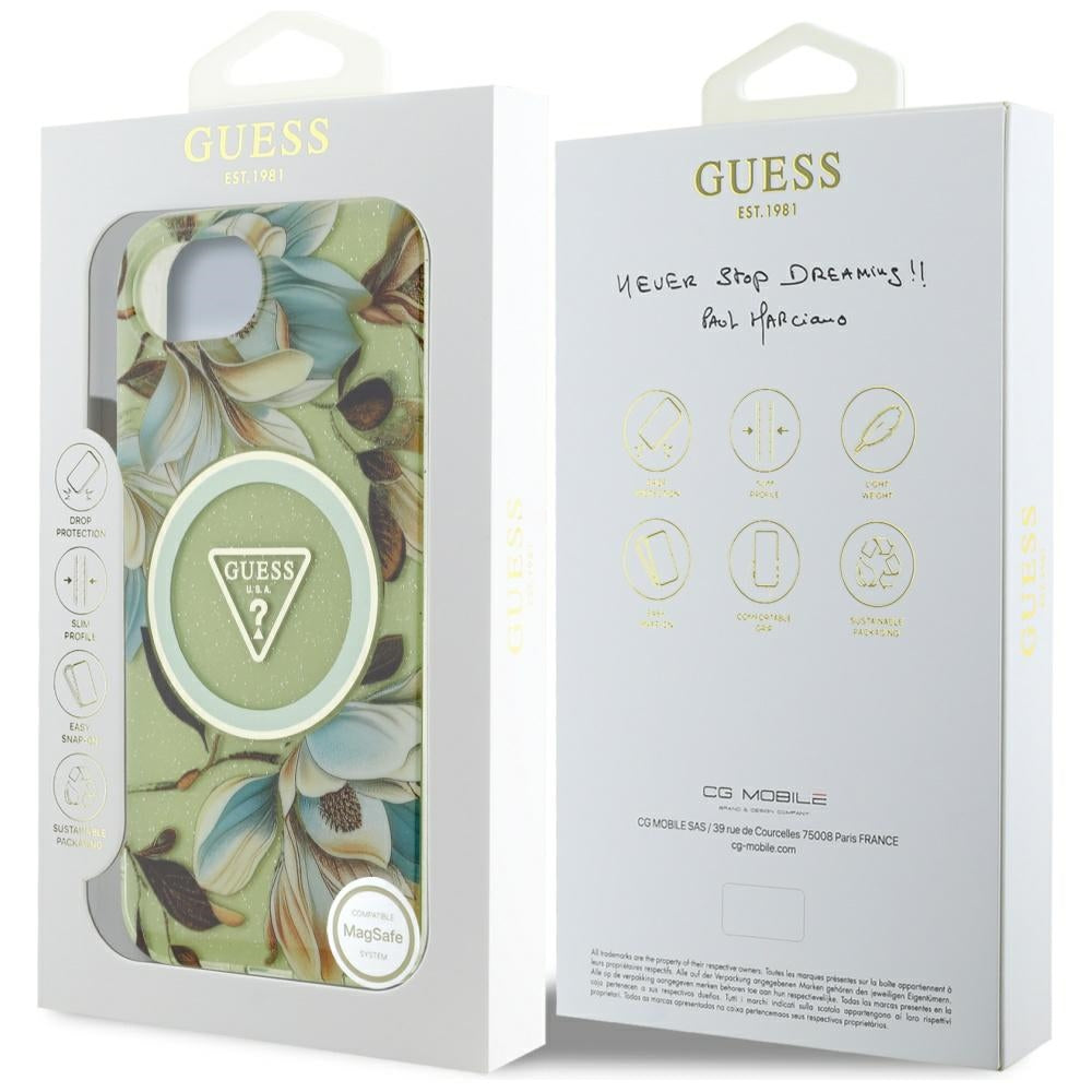 MagSafe cover til Apple iPhone 17e / 16e, Guess, IML Metal Glitter Flowers Triangle, Grøn