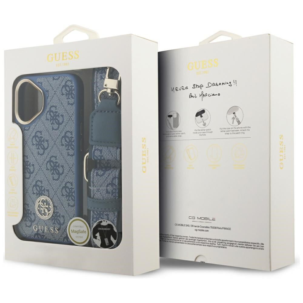MagSafe cover til Apple iPhone 17, Guess, 4G Strass Logo med stor rem, Blå