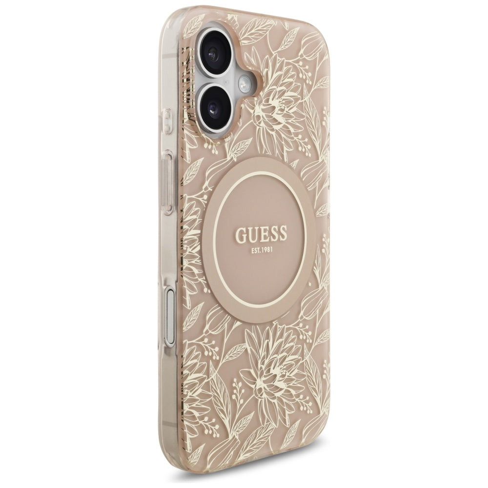 MagSafe cover til Apple iPhone 17, Guess, IML Flowers Allover Electroplated with Pearl Strap, Sort