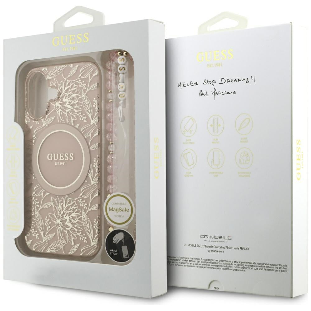 MagSafe cover til Apple iPhone 17, Guess, IML Flowers Allover Electroplated with Pearl Strap, Sort