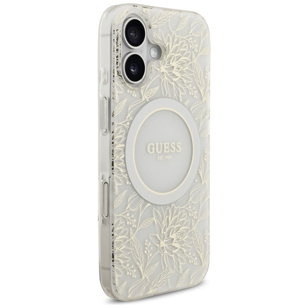 MagSafe cover til Apple iPhone 17, Guess, IML Flowers with Pearl Strap, Hvid