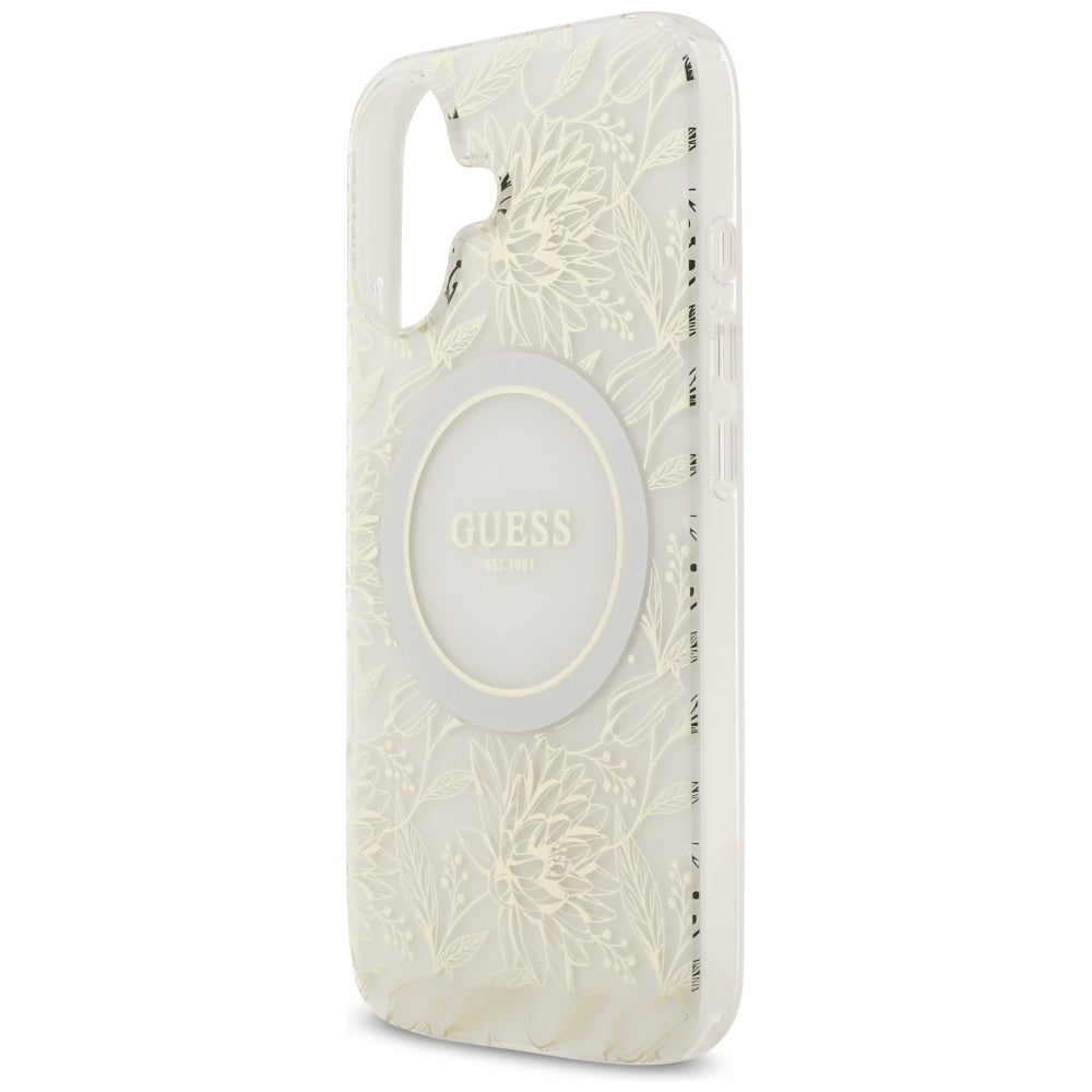 MagSafe cover til Apple iPhone 17, Guess, IML Flowers with Pearl Strap, Hvid