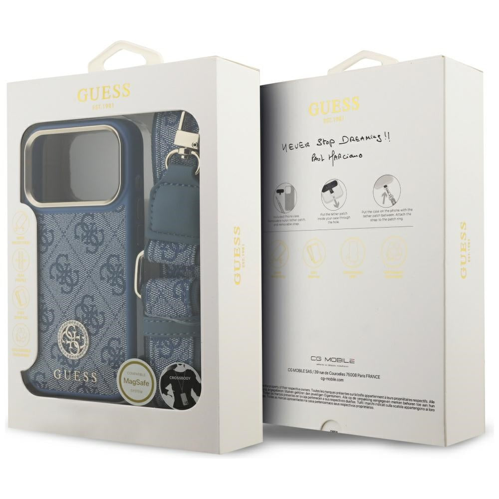 MagSafe cover til Apple iPhone 17 Pro, Guess, 4G Strass Logo med stor rem, Blå