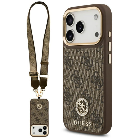 MagSafe cover til Apple iPhone 17 Pro, Guess, 4G Strass Logo med stor rem, Brun