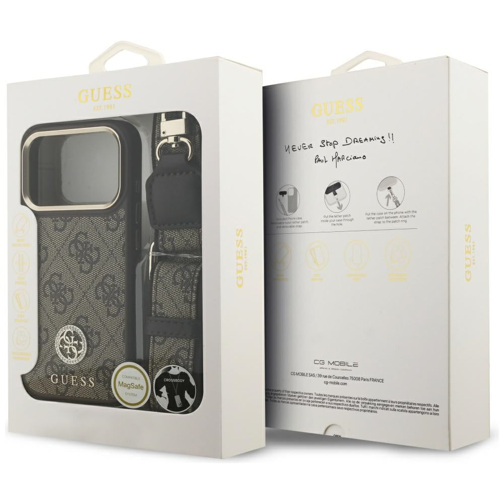 MagSafe cover til Apple iPhone 17 Pro, Guess, 4G Strass Logo med stor rem, Brun