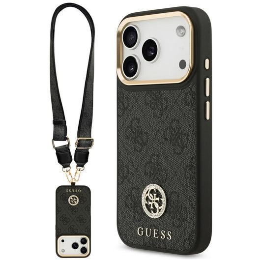MagSafe cover til Apple iPhone 17 Pro, Guess, 4G Strass Logo med stor rem, sort