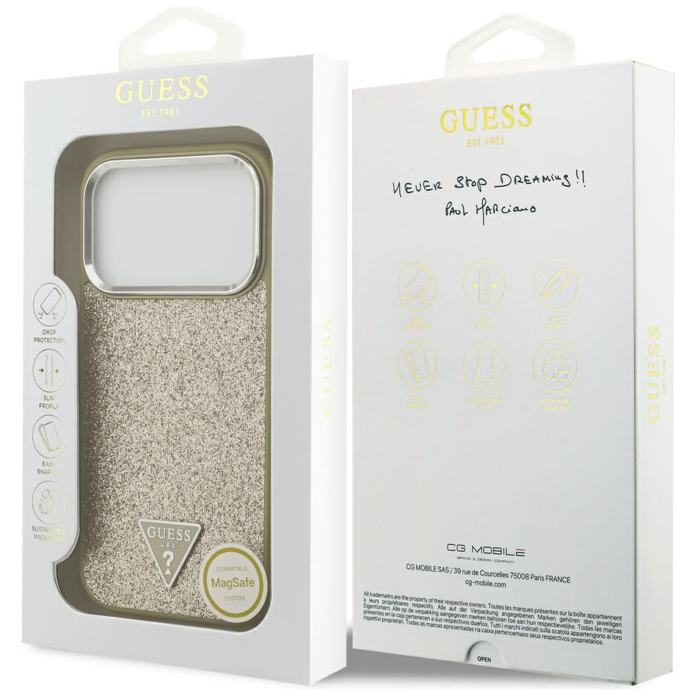 MagSafe cover til Apple iPhone 17 Pro, Guess, Glitter Triangle Logo, Gylden
